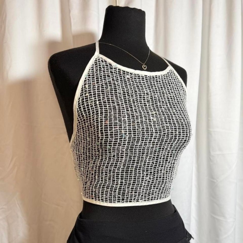 Y2K Festival White Sequin Mesh Halter Crop‎ Top XS/S Rave Fairy